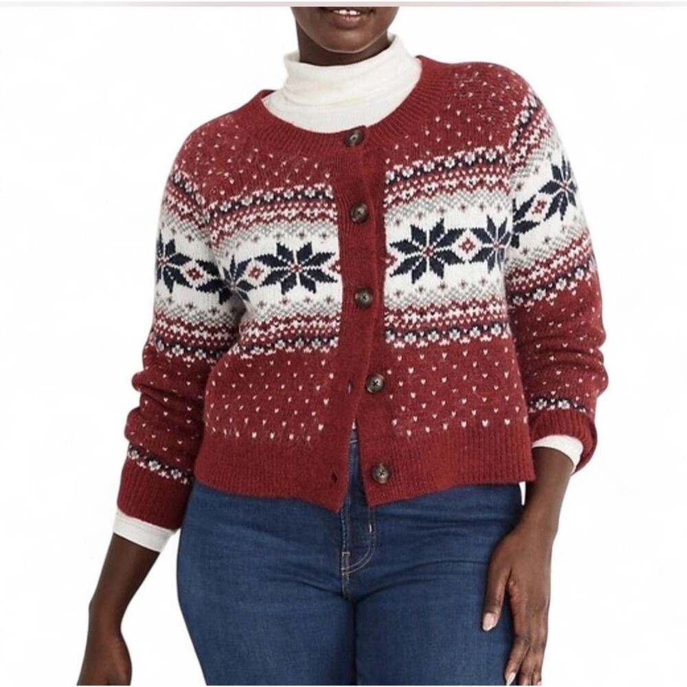 Old Navy Cardigan Womans Medium Red Fair Isle Sweater Nordic Cozy Cabin Holiday